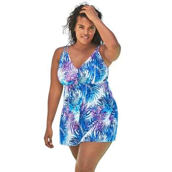 Swim 365 Women’s Plus Size Surplice Swim Dress, 30 - Black Multi Leaves ...