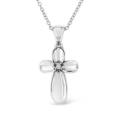 Haus of Brilliance Silver Prong-Set Diamond Accent Floral Cross Pendant Necklace