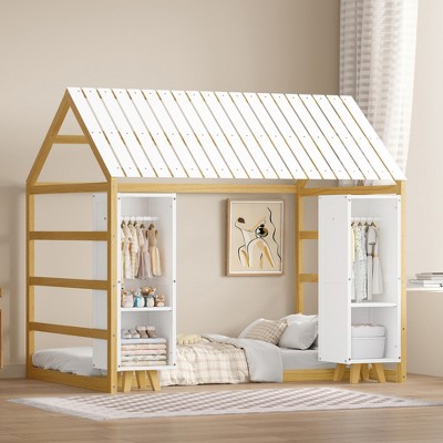 Twin Size Wooden House Bed with Fence and Roof