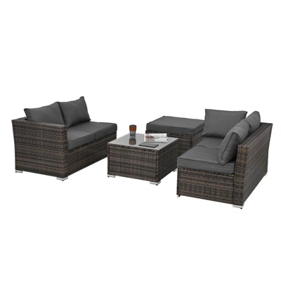 GlasFlength 3PCS Patio Seating Rattan Furniture Set Sectional Sofa Cushioned Garden, Tempered Glass Table, Grey, 51.1"*27.5"*25.62"