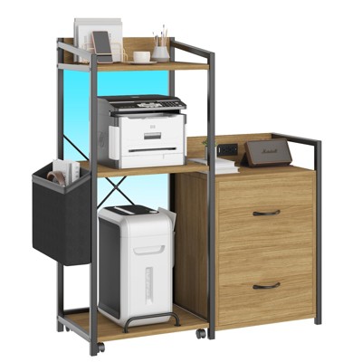 Coucheta 2-Drawer File Cabinet for Letter/Legal/A4 Files with Power Outlet, LED Lights, Open Shelf & Printer/Shredder Storage for Home Office