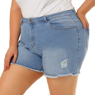 Agnes Orinda Women's Plus Size Denim High Waisted Raw Hem Stretched Distressed Lounge Jean Shorts