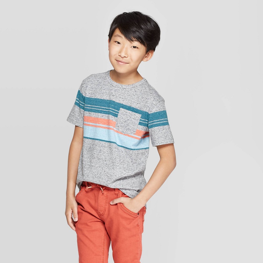 petiteBoys' Short Sleeve Striped T-Shirt - Cat & Jack Gray/Orange XL, Boy's was $7.0 now $4.2 (40.0% off)