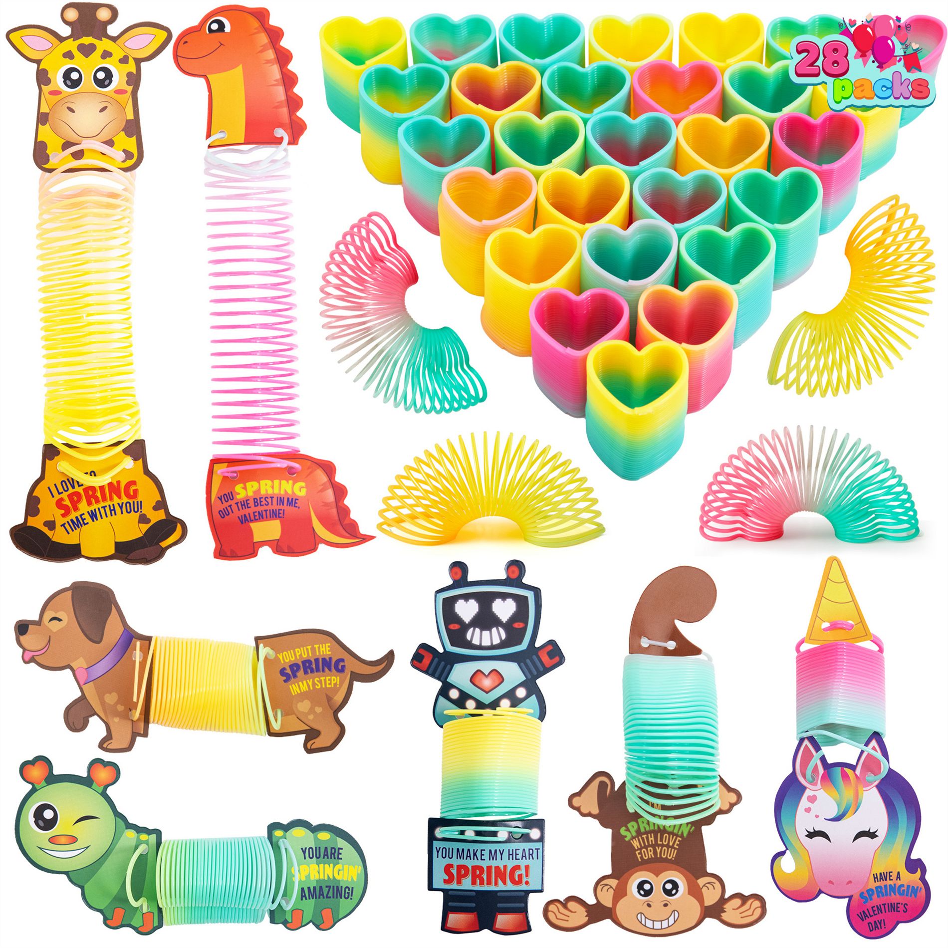 Joyfy 28 Packs Valentine's Day Cards with Coil Rainbow Springs, Stress Relief Coil Toys with Cards for Kids Valentine's Classroom Exchange Gifts