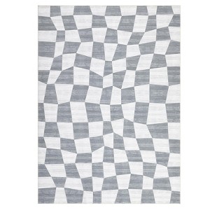2 x 6 ft Polyester Dark Blue Rectangular Hallway Entryway Bathroom Kitchen Geometric Checkered Modern Machine Washable Runner Rug - 1 of 4