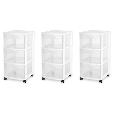 Sterilite 28308001K 3 Drawer Rolling Caster Wheel Home Organizer Storage Cart with Durable Plastic Frame, Clear Drawers, White (3 Pack)