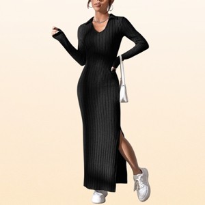 EadianDree Womens Long Sleeve Ribbed Knit Maxi Dress V Neck Lapel Collar Bodycon Side Split Long Sweater Dresses Casual Wear : Target