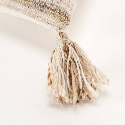 20" Beige and White Striped Tassel Throw Pillow
