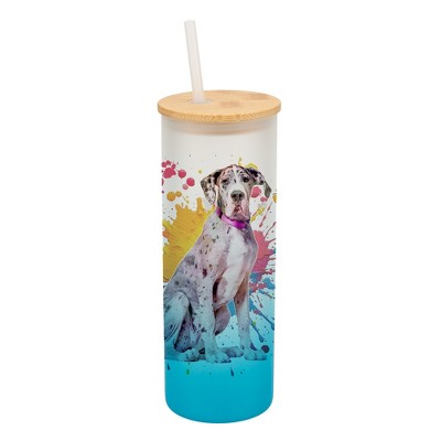 100 North 25 Ounce Frosted Glass Gradient Travel Tumbler With Straw & Wooden Lid, Great Dane Dog Paint Splatter Sky Blue