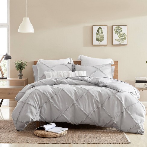 7pc King Lattice Fringe Bed In A Bag, Pale Grey Bedding Set