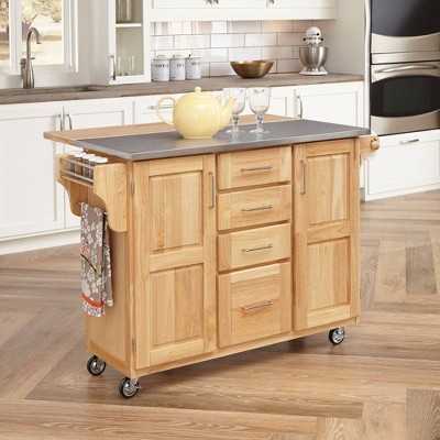 Breakfast Bar Kitchen Cart Natural with Stainless Steel Top - Home Styles