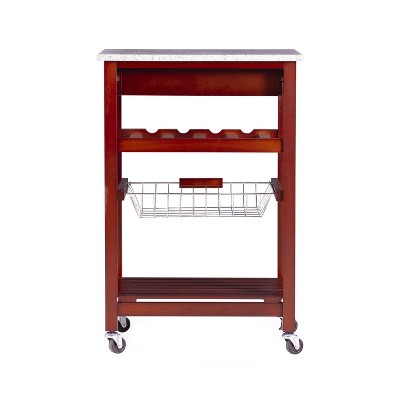 Small Red Pine Kitchen Cart with Granite Top and Wine Rack