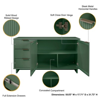 Granville Sage Green 55'' Modern Ribbed 3-Drawer Sideboard