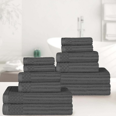 Dark Grey Heavyweight Cotton 12-Piece Towel Set with Ribbed Border