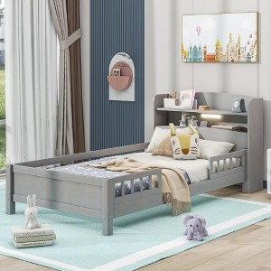 BABYYER Wood Twin Size Bed Frame with Storage Headboard and Safety Guardrail, Platform Bed for Boys Girls, No Box Spring Needed - 1 of 4