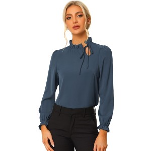 INSPIRE CHIC Women's Elegant Long Sleeve Ruffle Tie Neck Business Work Top - 1 of 4
