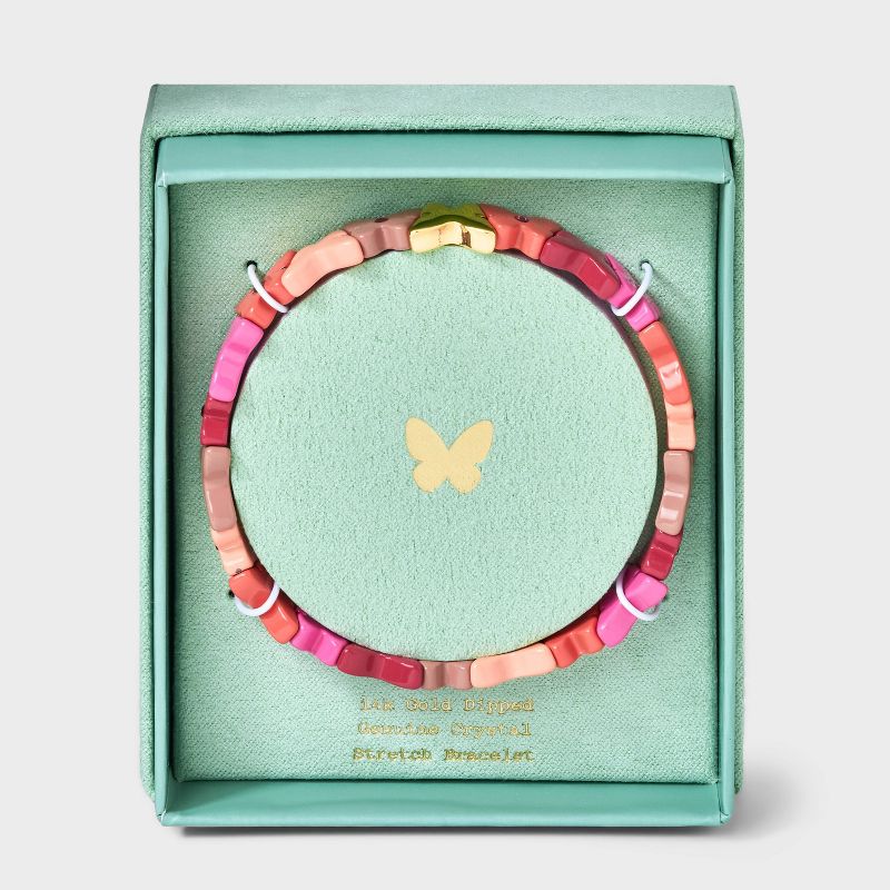 14K Gold Dipped Crystal Butterfly Mixed Enamel Stretch Bracelet - A New Day&#8482; Pink, 1 of 6