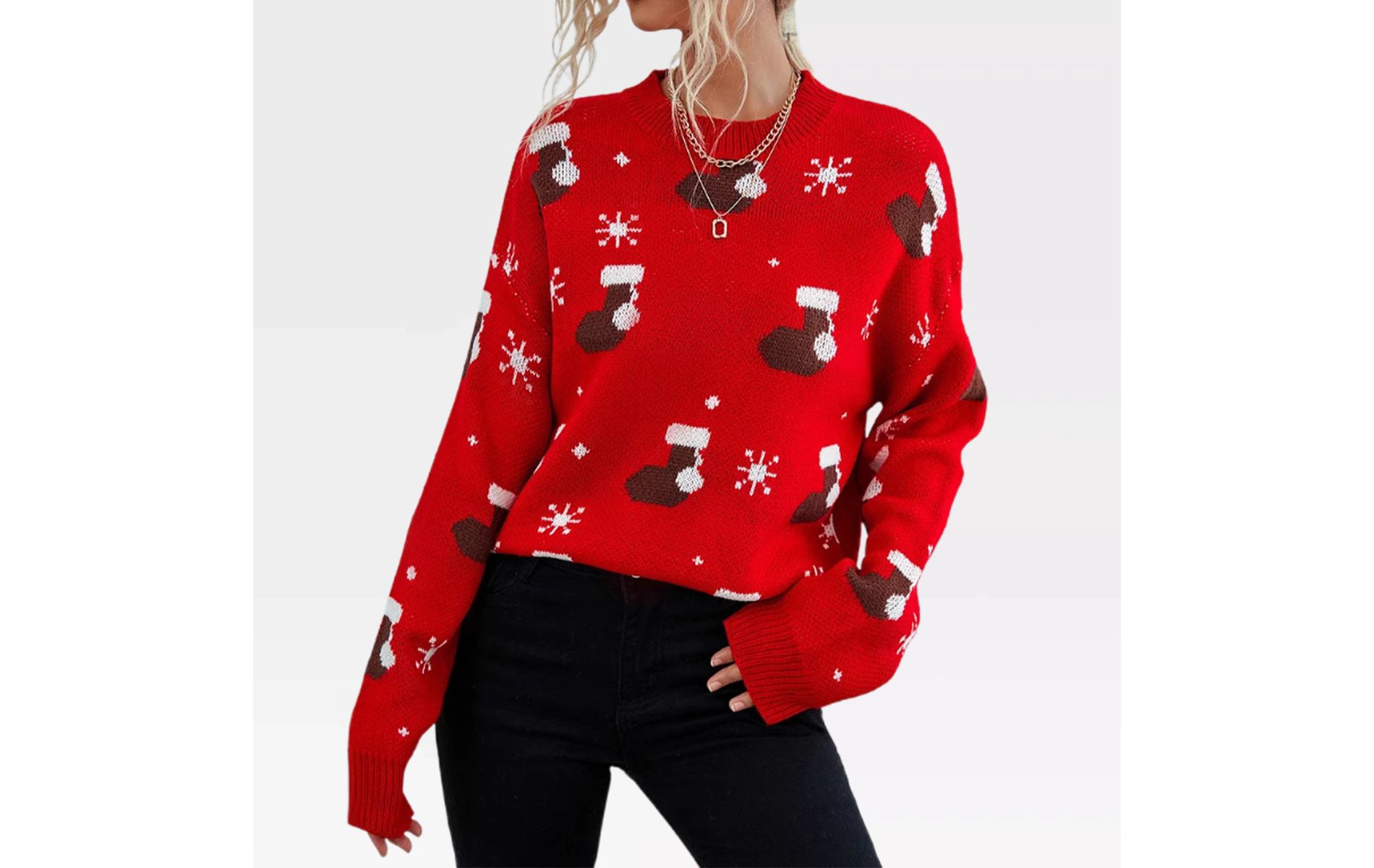 Womens Christmas Sweaters 2025 Festive Sweaters Christmas Stockings Pattern Crew Neck Ribbed Cuffed Pullovers Holiday Swetaers