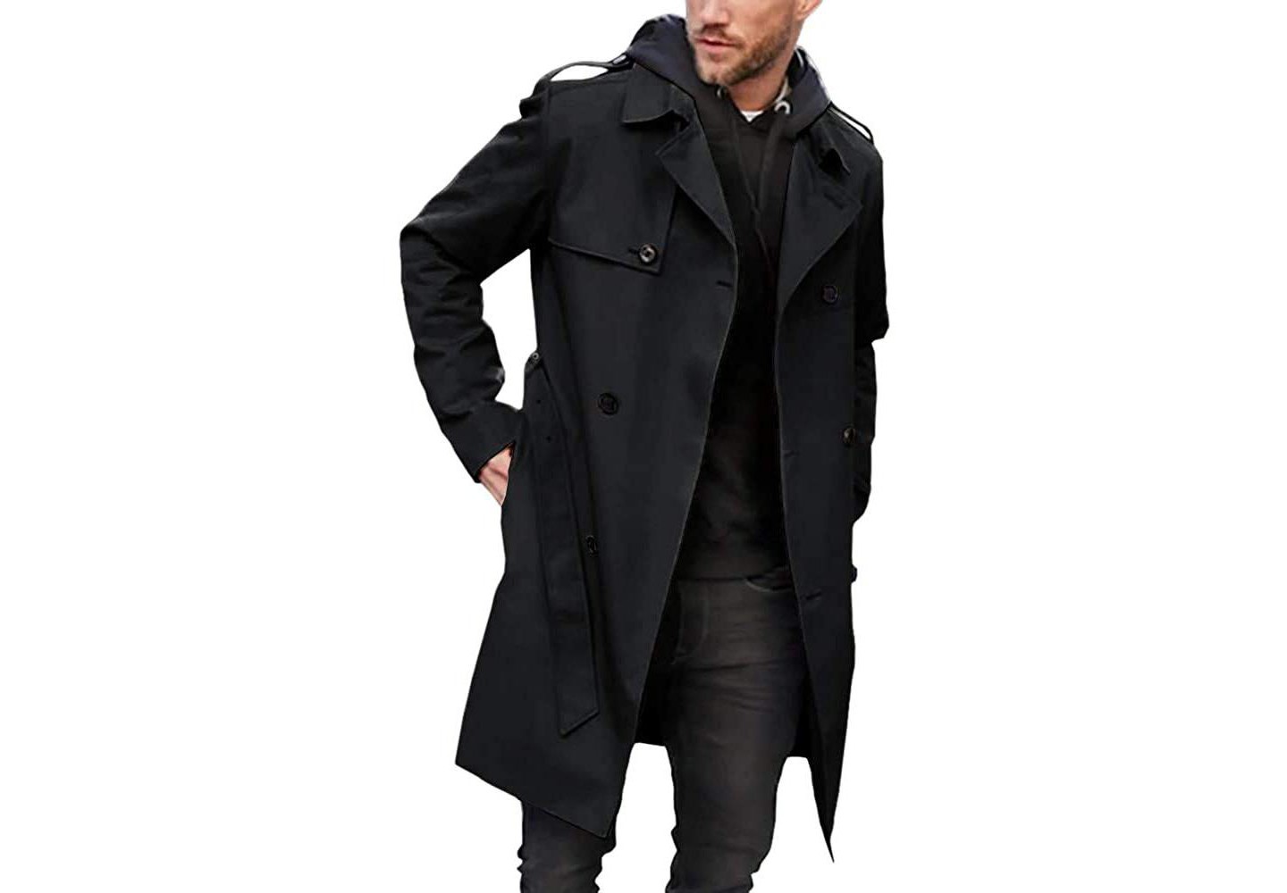 Мужская куртка Runcati Mid Length Double Breasted Trench Coat Lapel Windbreaker With Belt Business Casual Outerwear For All Seasons Khaki, цвет: Чёрный — фото 1