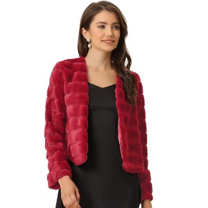 Allegra K Women's Winter Cropped Fluffy Long Sleeve Collarless Faux Fur Coat - 1 of 4