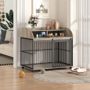 HTUTWOO 44" Wooden Dog Crate Furniture, Dog Kennel End Table, Pet House with Lockable Wheels and Double Layer Storage for Medium & Large Dog - 1 of 4