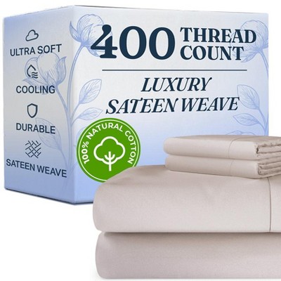 100% Cotton 400 Thread Count 4 Piece Sheet Set - Soft & Cozy Sateen Bed Sheets - CGK Linens