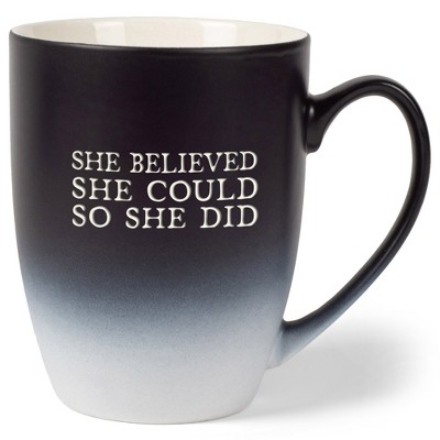 Elanze Designs She Believed She Could So She Did Two Toned Ombre Matte Black and White 12 ounce Ceramic Stoneware Coffee Cup Mug