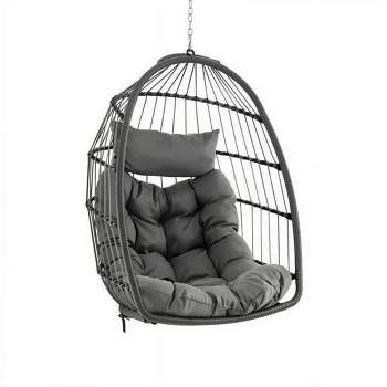 SKONYON Outdoor Foldable Wicker Swing Egg Chair with Cushion Dark Gray, Without Stand