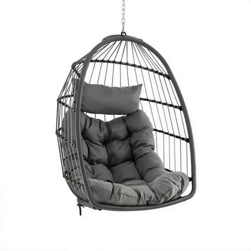 SKONYON Outdoor Foldable Wicker Swing Egg Chair with Cushion Dark Gray, Without Stand, 1 of 7