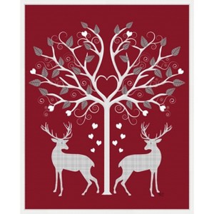 Amanti Art Christmas Des Deer and Heart Tree Grey on Red by Fab Funky Canvas Wall Art Print Framed 23-in. W x 28-in. H. - 1 of 4