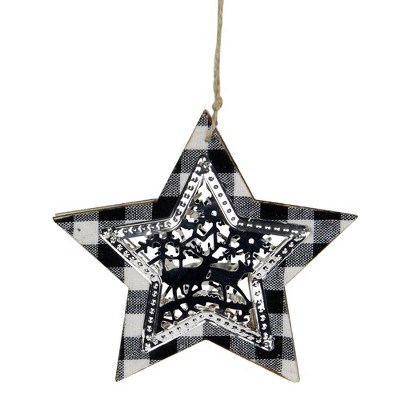 Northlight 5" Black Buffalo Plaid Star with Reindeer Christmas Ornament