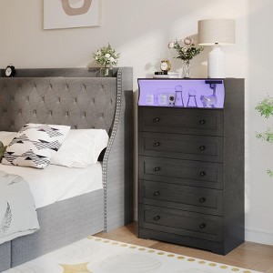 Coolmee Dresser for Bedroom, 47" Wide Chest of Drawers with LED Lights, Charging Station & 5 Smooth-Sliding Drawers, Modern Wood Storage Cabinet - 1 of 4