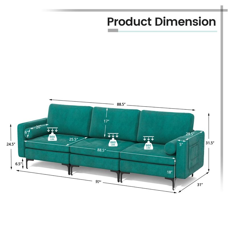 Costway Modular 3-Seat Sofa Couch w/ Socket USB Ports & Side Storage Pocket Teal, 5 of 11
