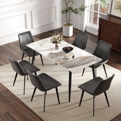 Okak Dining Table 55.12"/62.99"  Modern Artificial Stone Dining Table with Black Metal Leg for 6 People for Kitchen, Dining Room, Office