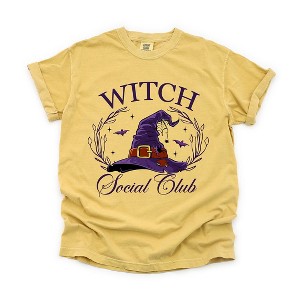 Simply Sage Market Women's Witch Social Club Purple Hat Short Sleeve Garment Dyed Tee - 1 of 4