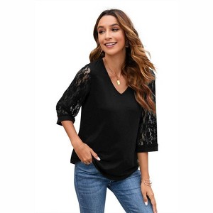 Coolmee 3/4 Length Sleeve Womens Tops V-Neck Lace Tunic Tops Business Casual Blouses - 1 of 4