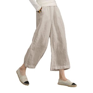 ECUPPER Womens Linen Cropped Pants Loose Casual Capri Cotton Wide Leg Plus Size Elastic Waist with Drawstring Trouses - 1 of 4