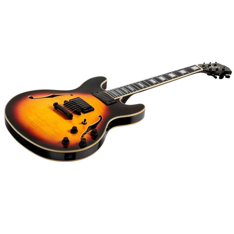 Monoprice Indio Boardwalk Flamed Maple Hollow Body Electric Guitar - Sunburst, With Gig Bag, 1 of 7