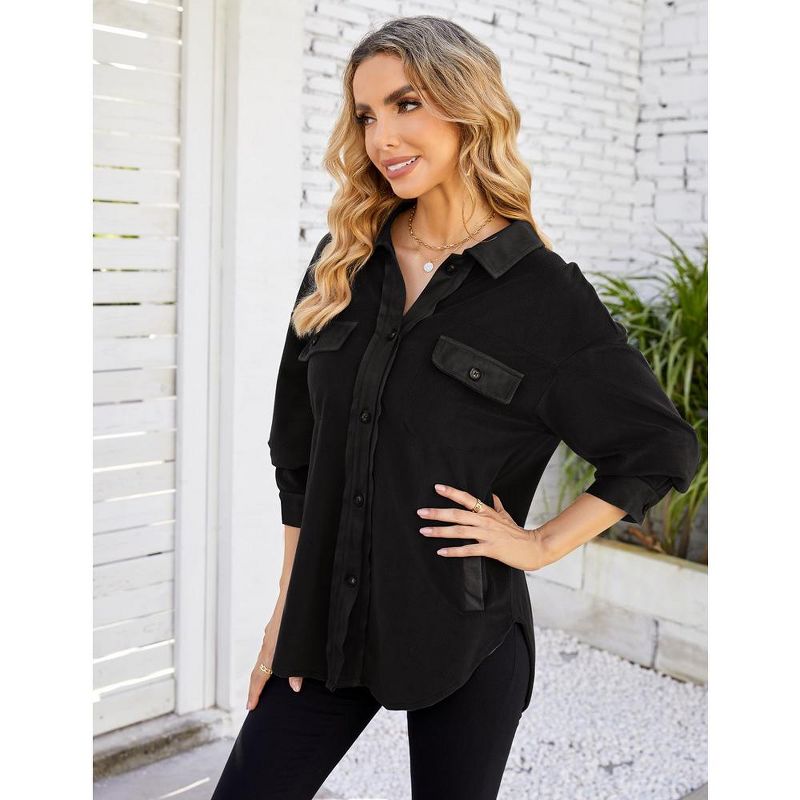 Womens Velvet Long Sleeve Button Down Shirts Casual Blazer Jacket Oversized Blouses Tops, 5 of 6