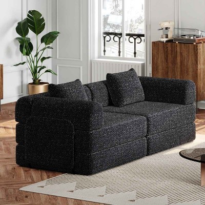 2-Seater Convertible Sofa Bed with Space-Saving Design, Modular Folding Floor Sofa with Side Storage Pockets, Chenille Fabric Sofa-Coolbibila