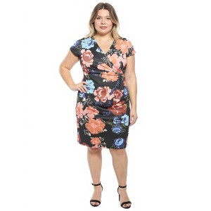 24seven Comfort Apparel Plus Size Floral V-Neck Short Sleeve Knee Length  Faux Wrap Dress : Target