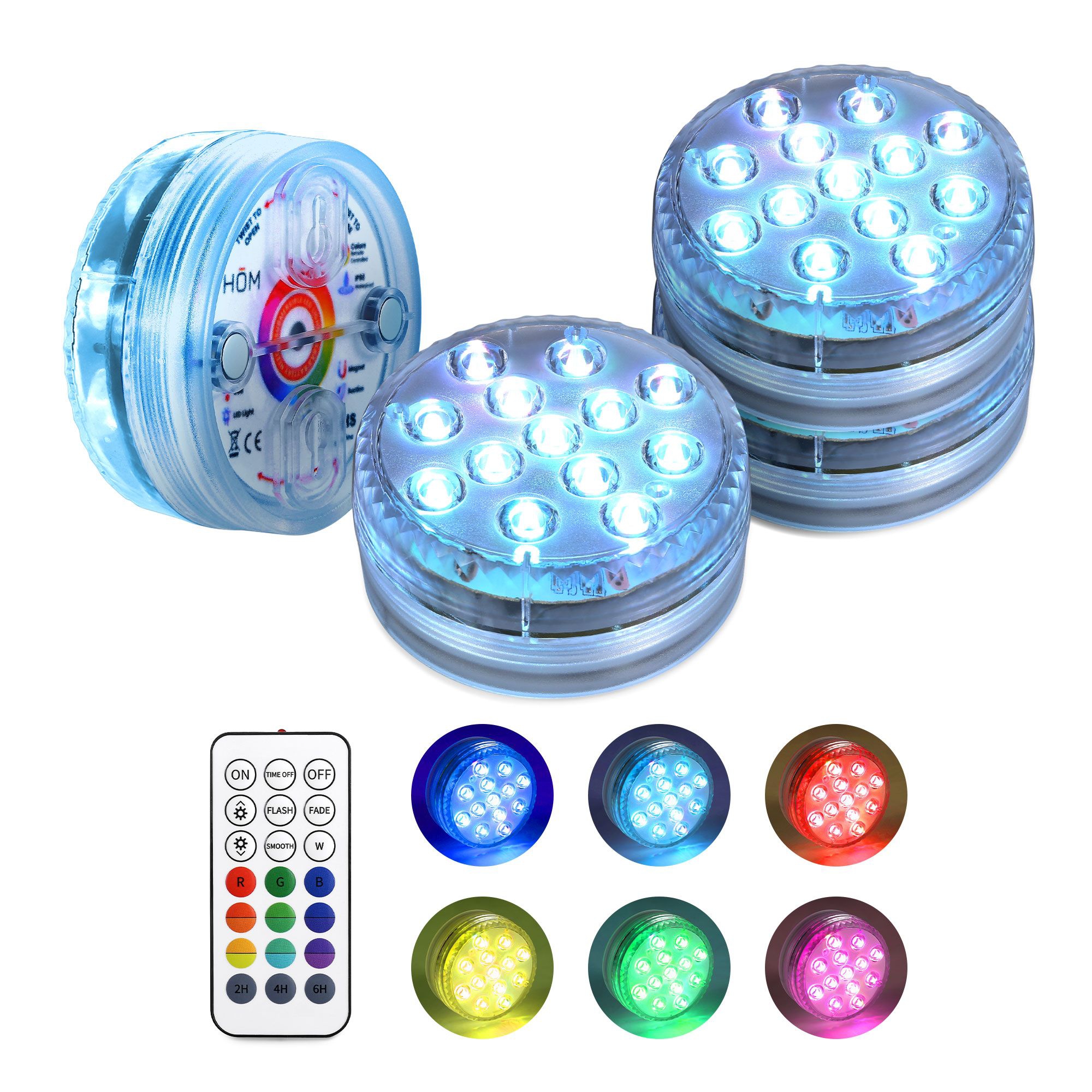 HOM LED Submersible Lights - Remote Control Battery Pool/Pond/Party RGB Puck Lights Waterproof with Magnetic/Suction Cup Surface Mount (4pk)