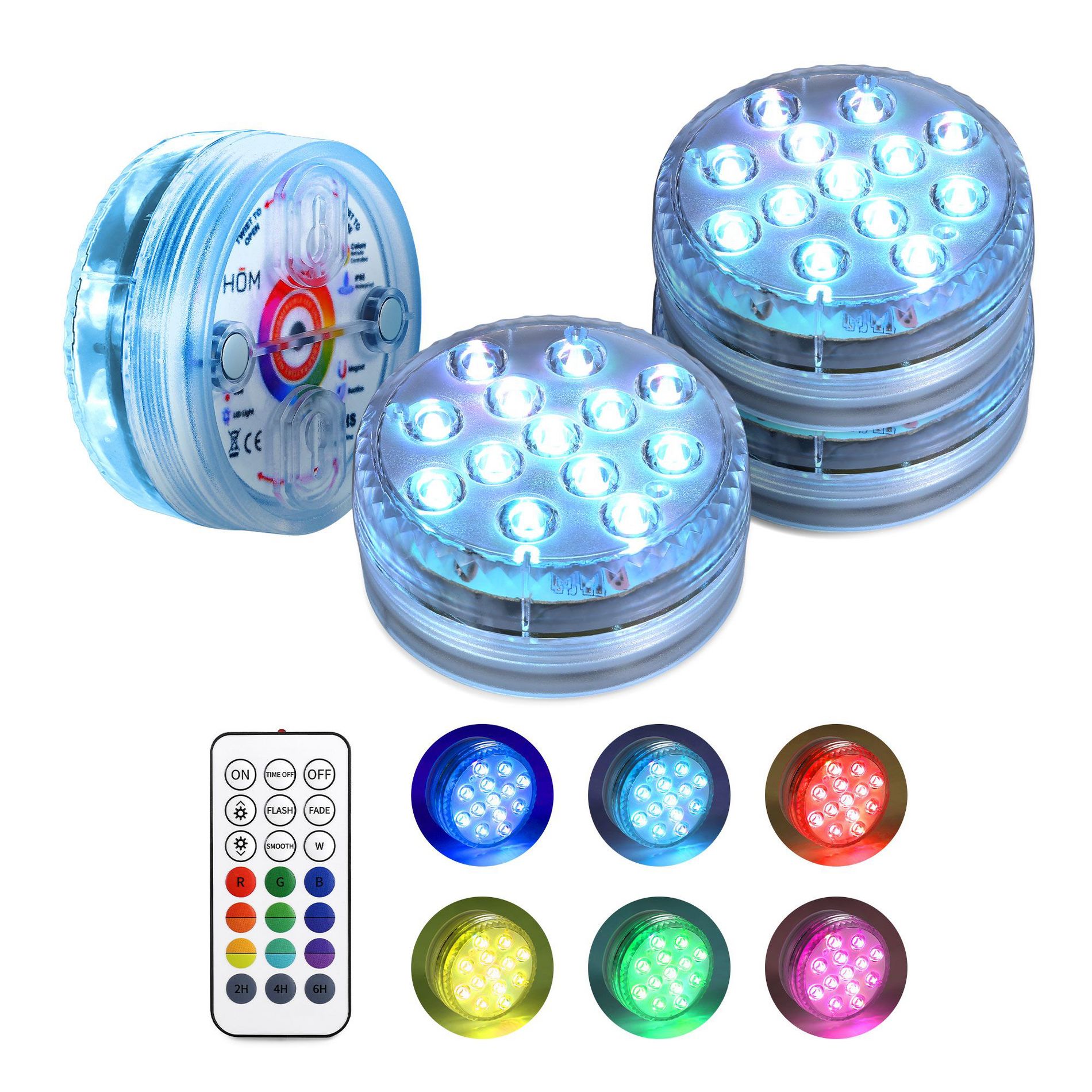 HOM LED Submersible Lights - Remote Control Battery Pool/Pond/Party RGB Puck Lights Waterproof with Magnetic/Suction Cup Surface Mount (4pk)