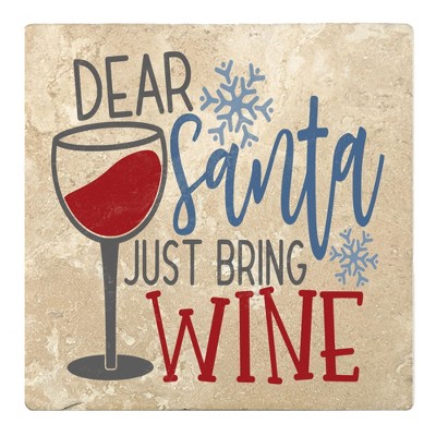Christmas by Krebs Set of 4 Ivory and Blue "DEAR santa JUST BRING WINE" Square Coasters 4"