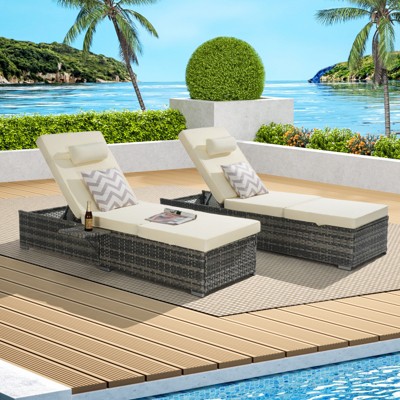 VisioGear Patio 2-Piece Pool Chairs Tanning Lounges with Storage, Beach Recliners with Adjustable Backrest, Beige, 77"*25"*14.8"
