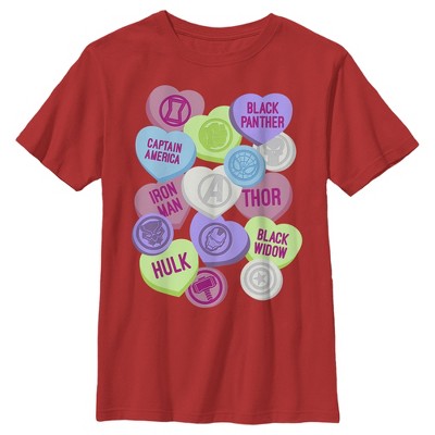 Boy's Marvel Valentine's Day Candy Heart Heroes  T-Shirt - Red - X Small