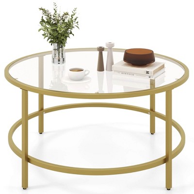 Costway 36'' Round Coffee Table Tempered Glass Tabletop Metal Frame Living Room Golden