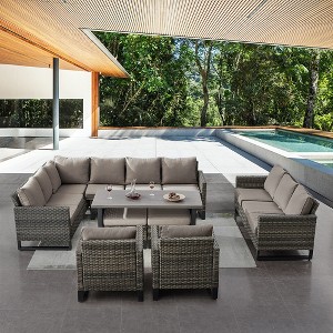 POCASSY 9 Piece Patio Furniture Set, Sectional Outdoor Conversation Set with L-Shape Sectional Sofa, Patio Couch, and Wicker Patio Chairs - 1 of 4
