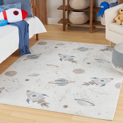 Ivory Multicolor Space Theme Kids Washable Area Rug 5' x 7'
