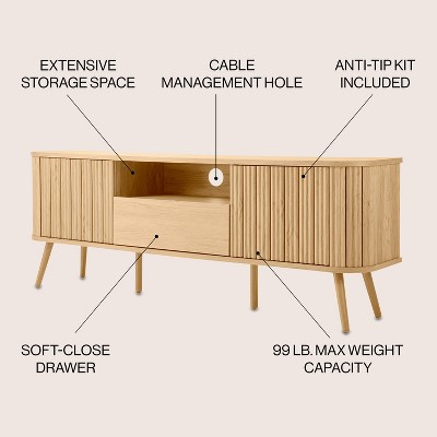 Damien 70" Oak Farmhouse Curved TV Stand with Drawer and Storage Doors
